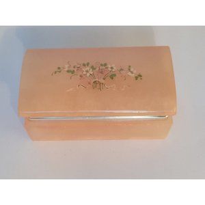 Vintage Hand Carved Genuine Peach Alabaster Trinket Jewelry Box Hinged Italy